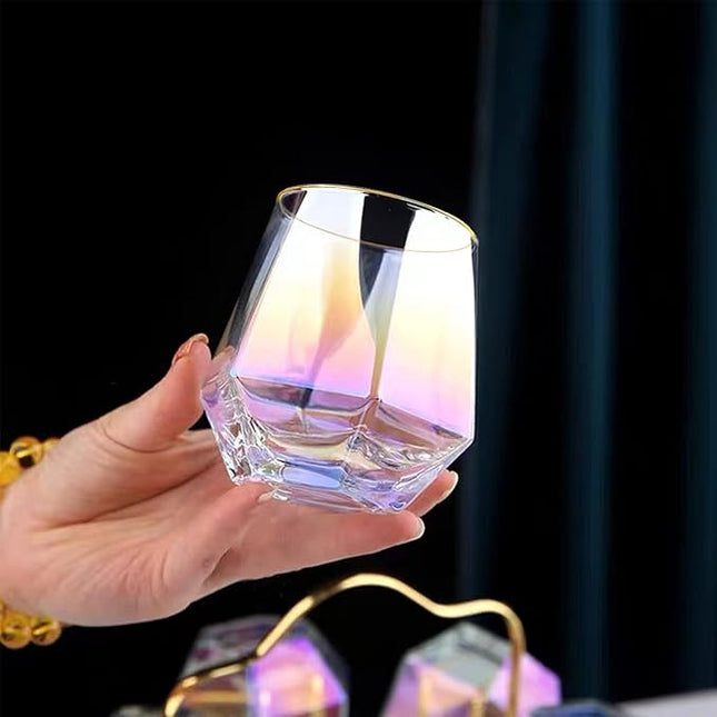 XKXKKE 24 Pcs Diamond Wine Glasses, 10 OZ Modern Stemless Gold Rim Glass Cups Iridescent Drinking Glassware for Serving Party, Home, Bar, Restaurants, Gift, Rainbow Tumbler, Colorful Set of 24