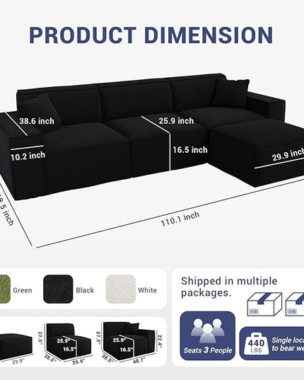 110" Cloud Couch Sectional, Comfort L Shaped Chenille Boneless Couch for Living Room, Memory Foam Deep Seat Modular Sectional Sofa Compression Floor Sofa, No Assembly Required