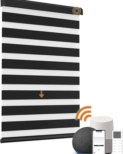 Cordless Motorized Zebra Blinds for Windows Blackout with Remote, Custom Dual Layer Smart Zebra Shades Work with Alexa Google, Automatic Electric Light Filtering Roller Shades, Luxury Black