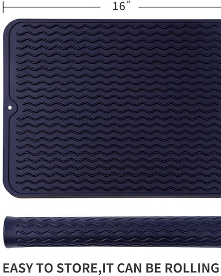 Silicone Dish Drying Mat for Multiple Usage,Easy clean,Eco-friendly,Heat-resistant Silicone Mat for Kitchen Counter or Sink,Refrigerator or drawer liner Navy Blue L 16 inches x 12 inches