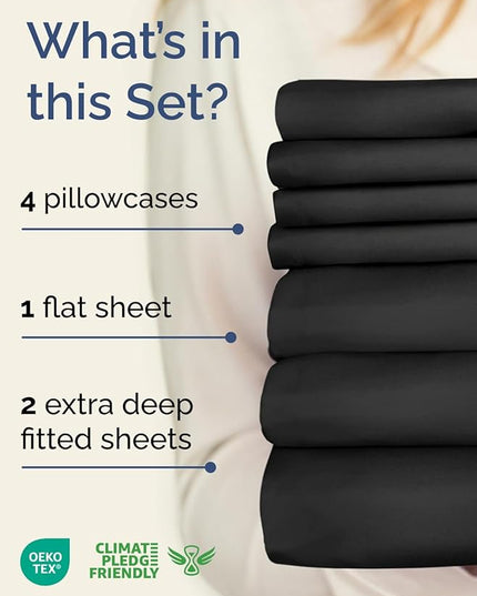 Extra Deep Split King Sheet Set - 7 Piece Breathable & Cooling Sheets - Hotel Luxury Bed Sheets Set - Easy & Secure Fit - Soft, Wrinkle Free & Comfy Sheets Set - Black Sheet Set w/Extra Deep Pockets