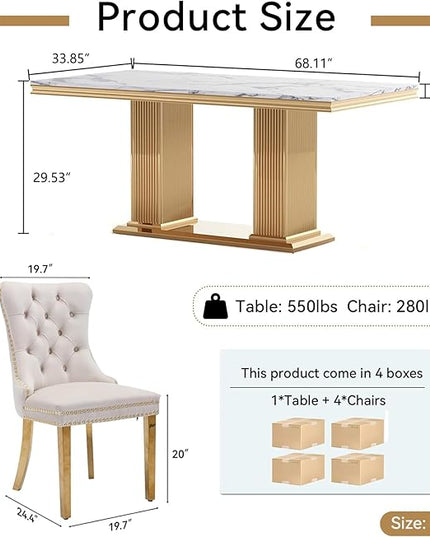 HomVent 68.11'' Rectangle Dining Table Set with Marble Table Top & Stainless Steel Base (White, 4 Beige Chairs, 5 Pieces)