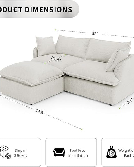 Loveseat Cloud Modular Sectional Sofa Couch, 3 Seater Convertible Sectional Couch, Linen Blended Down Feather Fill Sofa, Completely Removable Cover, Corner Sofa for Living Room, Office, Gray