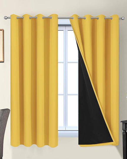 Yakamok Thermal Insulated 100% Blackout Curtains for Bedroom, Double Layer Full Room Darkening Noise Reducing Grommet Curtains, Heat Blocking Drapes for Living Room(52Wx63L, Mustard Yellow, 2 Panels)