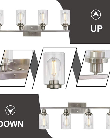 MELUCEE Bathroom Light Fixtures Brushed Nickel 4 Heads Modern Vanity Lights Wall Sconce with Clear Glass Shade for Hallway Kitchen Bedroom Living Room (Patent No.: US D963914 S)