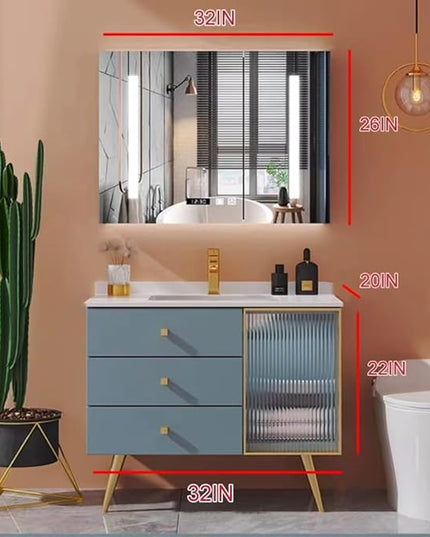 32IN Bathroom Vanity - Bathroom Vanity with Sink Set with Transparent Glass Cabinet Door, Mirror Cabinet Intelligent Demisting & LED Lights | Gold Bathroom Vanity Cabinet with Copper Faucet