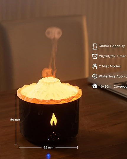300ml Essential Oil Diffuser, Volcano Flame Aromatherapy Diffusers Fragrant Humidifier Vaporizer with Remote Control, Night Lights, Timer Auto Off for Bedroom Home Office (Dark Wood Grain)