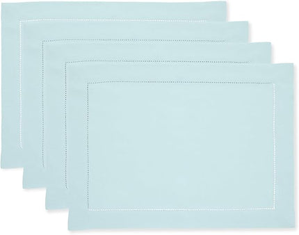 Solino Home Linen Cloth Placemats Set of 4-100% Pure Linen Hemstitch Aqua Blue Placemats 14 x 19 Inch - Classic Hemstitch Table Place Mats