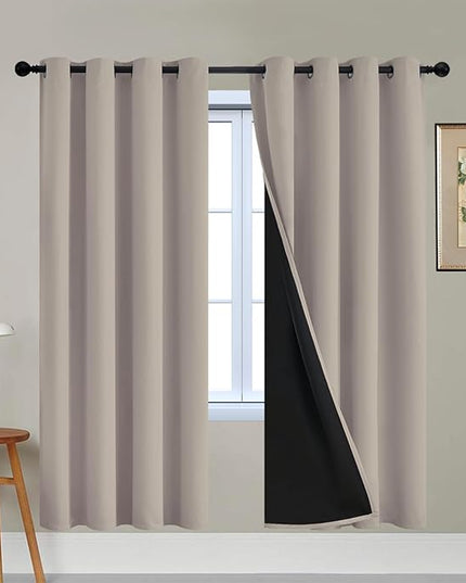 Yakamok 100% Blackout Curtains 72 Inches Long, 2 Thick Layers Heat and Full Light Blocking Soft Thermal Insulated Drapes for Bedroom(52" Wide Each Panel, Natural, 2 Panels)