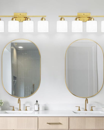 4 Light Gold Light Fixture Bathroom, Brushed Gold Vanity Light with Milky White Frosted Glass Shades, Lights for Bathroom Mirror for Living Room Bedroom Hallway E26 Base