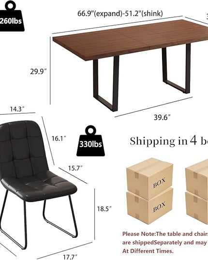 ZckyCine 67" Expandable Walnut Dining Table with 6 PU Leather Chairs, 7-Piece Modern Dining Set, Sturdy Metal Legs, Adjustable 51"-67" Rectangle Table for Kitchen & Dining Room