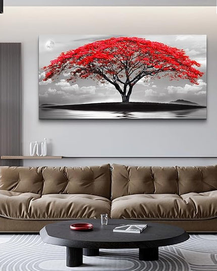 Wapluam Canvas Prints Wall Art For Living Room Bedroom Large Wall Decor Red Tree Landscape Painting Black And White Pictures To Hang Modern Home Decorations For Office Stretched And Framed Artworks