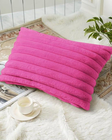 decorUhome Faux Fur Spring Throw Pillow Covers 12x20 Set of 2, Decorative Soft Plush Striped Lumbar Neutral Couch Euro Pillow Covers with Velvet Back for Sofa, Bed, Living Room Home Decor, Hot Pink