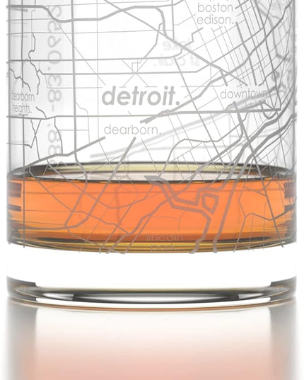 Well Told Engraved Detroit Michigan Map Rocks Glass, Old Fashioned Whiskey Glass (11 oz, Clear) Etched Whiskey Glass, Gifts For Whiskey Lovers