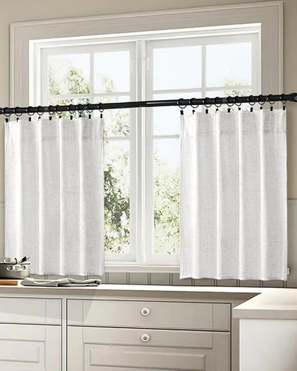 MIULEE White Curtains 36 Inch Length 2 Panels, Soft Thick Linen Textured Semi Sheer Light Filtering Kitchen Window Curtains Over Sink Small Tier for Bathroom Window Back Tab Rod Pocket