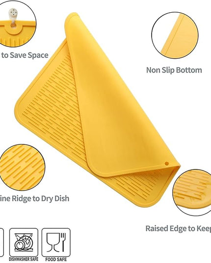 Silicone Dish Drying Mat for Multiple Usage,Easy clean,Eco-friendly,Heat-resistant Silicone Mat for Kitchen Counter or Sink,Refrigerator or Drawer Liner Yellow XL 18 inches x 16 inches