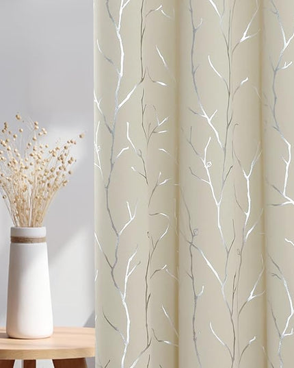 BUHUA Black Out Curtains 108 Inch Long 2 Panels, Soundproof Curtains with Elegant Silver Tree Branches Print, Heat Blocking Curtains for Livingroom, 52W x 108L, Beige