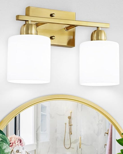 2 Light Bathroom Vanity, Bathroom Lights Over Mirror with Milky White Frosted Glass Shades, Gold Vanity Light for Mirror Living Room Bedroom Hallway E26 Base