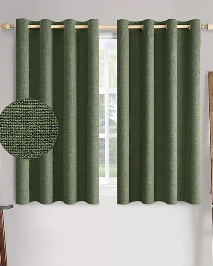 MIULEE 100% Blackout Linen Textured Curtains for Bedroom Solid Thermal Insulated Olive Green Grommet Room Darkening Curtains & Drapes Luxury Decor for Living Room Nursery 52 x 54 Inch (2 Panels)