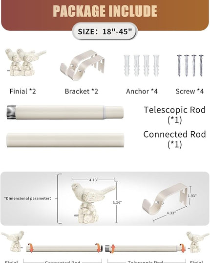White Curtain Rod 18 to 45 Inches Curtain Rods for Windows Adjustable Heavy Duty Drapery Rod with Bird Finials for Kitchen Window Living Room
