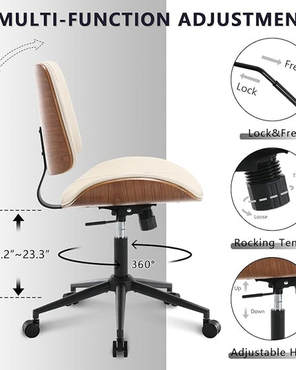 Home Office Chair No Arms with Wheels, Adjustable Height Small Desk Chair, PU Leather Mid Back 360 Swivel Computer Chair, Armless Modern Walnut Chair for Office, Reading Meeting Room(Beige)