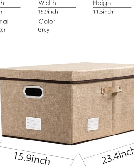 PRANDOM Storage Bins with Lids [3-Pack] Jute Fabric Foldable Storage Boxes Organizer Containers Baskets Cube with Cover for Home Bedroom Closet Office Nursery khaki（23.4X15.9X11.5