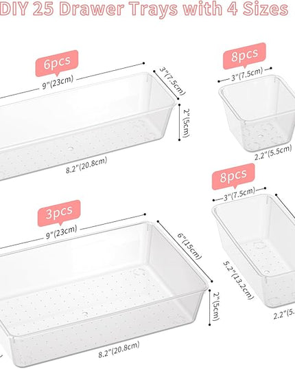 25 PCS Plastic Drawer Organizer Set, 4-Size Clear Bathroom and Vanity Desk Drawer Organizer Trays, Non-Slip Versatile Storage Bins for Makeup Jewelry Office Kitchen Gadgets