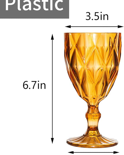 24 Pack Vintage Wine Glasses, Plastic Reusable 12 Ounce Colored Water Goblets, Unique Embossed Pattern Unbreakable Stemmed Wine Glasses High Clear Wedding Party Bar Drinking Cups Amber