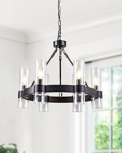 6-Light Large Black Wagon Wheel Chandelier with Glass Shades, 20 Inch Farmhouse Industrial Round Chandelier for High Ceilings, Pendant Lighting Fixture for Dining Living Room Kitchen Island Foyer