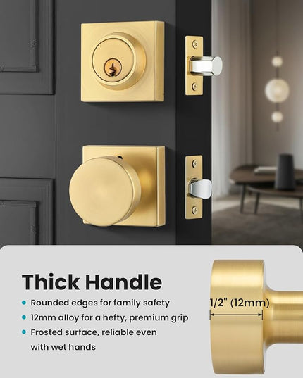 Brushed Gold Door Knobs with Deadbolt, Heavy Duty Front Door Knob and Deadbolt Set, Exterior Door Knob with Single Cylinder Deadbolt Lock Set (1 Pack)