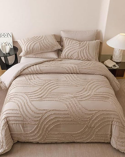 Khaki King Comforter Set - 7 Pieces Bed in a Bag, Premium Comforters King Size Bed Set Tufted Shabby Chic Bedding Comforter Set with Flat Sheet, Fitted Sheet and Pillowcases,Khaki