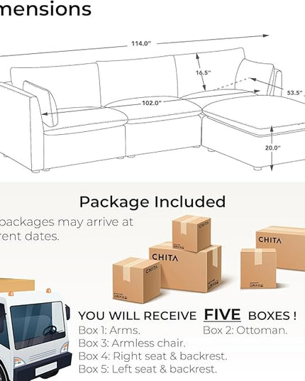 CHITA Luxury Oversized 114" L-Shaped Sectional Sofa Couch, Premium Down Filled Cloud Modular Sectional with Storage Ottoman, FSC Certified, Cream