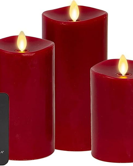 Luminara Flameless Flickering Melted Edge Set of 3 Candles, Battery Operated & Timer Function, Remote Included, Unscented Paraffin Burgundy Wax LED Light Pillar, Christmas Holiday Décor