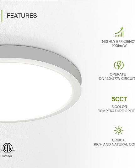 ASD LED 18" Round Flush Mount Ceiling Light Fixture, Low Profile Surface Lighting | 5CCT, Dimmable, Ultra-Thin, ETL Listed | 32W 2600LM 2700-6000K 100-277V | Kitchen, Hallway Lamp | White, 2 Pack