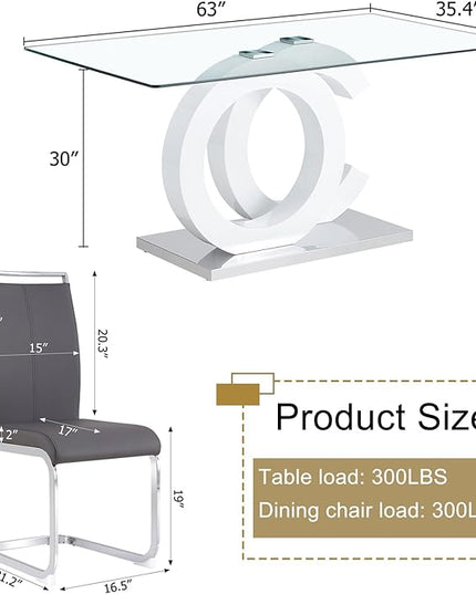 Ebullient Glass Dining Table Set for 4 ，5 Piece Dining Table Set,Tempered Glass Table Top，White Modern Dining Room Table with 4 PU Leather Ergonomic Dining Chairs