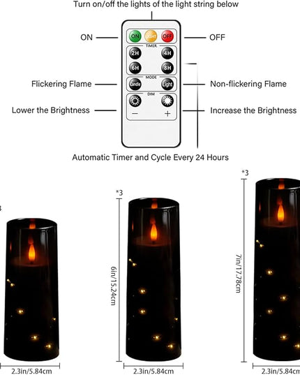 Flickering Flameless LED Candles, 9 Pcs with Embedded Star String, Acrylic LED Pillar Candles with Remote, Suitable for Home Decoration (Black)