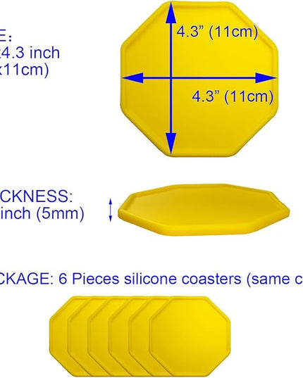 6 Pieces Silicone Coasters, Octagon Shape Hot Cup Mat for Drinks, Heat Resistant Glass Cushion, Coffee Coaster for Table, Desk, Kitchen, Office, Bar Protection (Yellow)
