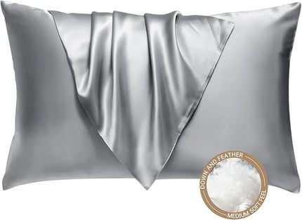 BHZ Grey Satin Goose Down Feather Pillows Queen Size with Satin Pillowcase for Hair and Skin, Cooling Pillow Cases Similar to Silk Pillow Cases, Decorative for Women, Mom Men