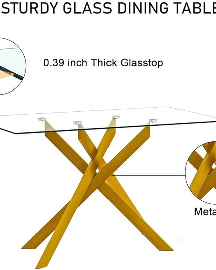 51" Glass Dining Table Set for 6, Modern Dining Room Table Set for 6, Gold X-Shape Pedestal Glass Table with 6pcs Gray Dining Chairs, 7 Piece Dining Set for Dining Living Room