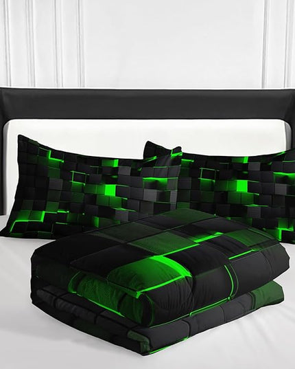 Geometric Green Black Comforter Set,Light Honeycomb 3 Piece Bedding Set King Size for Teen Boys,Modern Quilt Set Geometry Decor,Microfiber Lightweight 1 Comforter 2 Pillowcases All Season