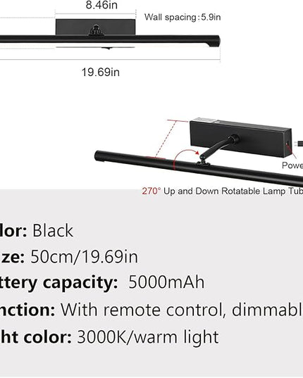 Picture Light for Wall Battery Operated, 20" Rechargeable Art Light with Remote and Timer for Painting, 9000mAh Wireless Wall Light for Display, Artwork, Portrait, Gallery, Black