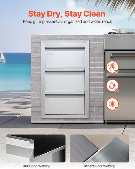 VEVOR Outdoor Kitchen Drawers 14.7" W x 25.4" H x 18.7" D, Box Frame Style Flush Mount BBQ Drawers with Stainless Steel Handle, BBQ Island Drawers for Outdoor Kitchens or Patio Grill Station