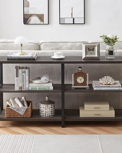 LVB Rustic Console Table, Industrial Modern Sofa Table Behind Couch, Long Metal Wood Entryway Table with Storage Shelf, Farmhouse Foyer Hallway Table for Home Living Room Bedroom, Dark Gray Oak, 63 in