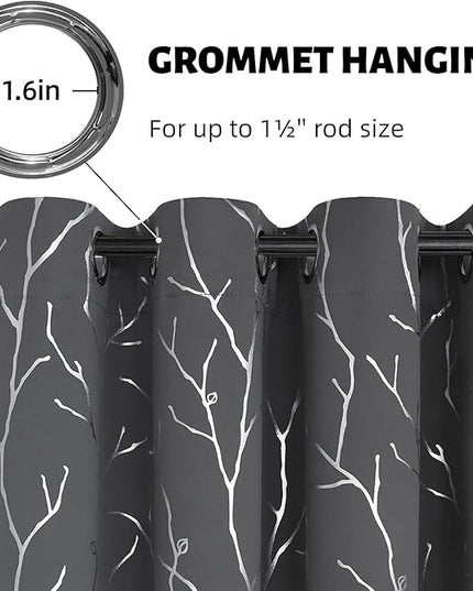 BUHUA Blackout Curtains Set of 2 Panels, Small Window Grommet Top Window Drapes, Room Darking Short Bedroom Curtains with Branches Silver Print Pattern 52W x 54L, Dark Grey