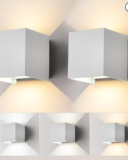 2 Pack LED Outdoor Wall Sconces Exterior/Interior,Modern Square Aluminum Wall Light Fixture ,Variable Beam IP65 Waterproof Lights.15W 3-Color-Changeable Up and Down Outdoor Lighting Fixtures（White）