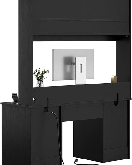 Bestier 77.8" H Executive Desk with Hutch, Modern Wood Computer Desk with Drawers, Charging Station, LED Light, Fluted Storage Cabinet, Keyboard Tray, 59" W Office Desk for Home Office, Black