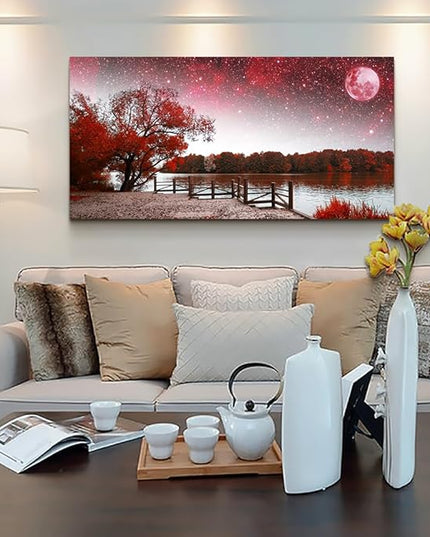 Lapremoly Modern Wall Decorations - Canvas Wall Art for Living Room, Bedroom, Office - Farmhouse Wall Decor - Framed Mural - Starry Sky Pictures - Red Tree Landscape
