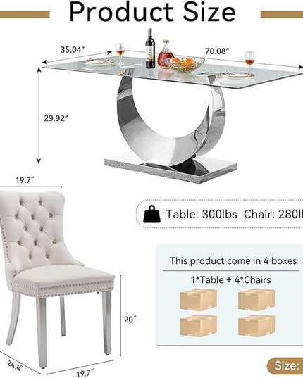 5 Piece Dining Table Set, Modern Glass Dining Table Set for 4, 70" Luxury Glass Table w/Silver Stainless Steel Base & 4 Beige Tufted Chairs, Kitchen Dining Room Sets for 4 for Breakfast Dinner Dinette