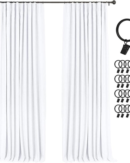 INOVADAY 100% Blackout Curtains for Bedroom, Black Out Curtains 63 Inch Long, Clip Rings Linen Blackout Drapes, Thermal Insulated Room Darkening for Living Room, 2 Panels - Brightwhite,W50xL63