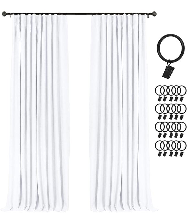 INOVADAY 100% Blackout Curtains for Bedroom, Black Out Curtains 96 Inch Long, Clip Rings Linen Blackout Drapes, Thermal Insulated Room Darkening for Living Room, 2 Panels - Brightwhite,W50xL96